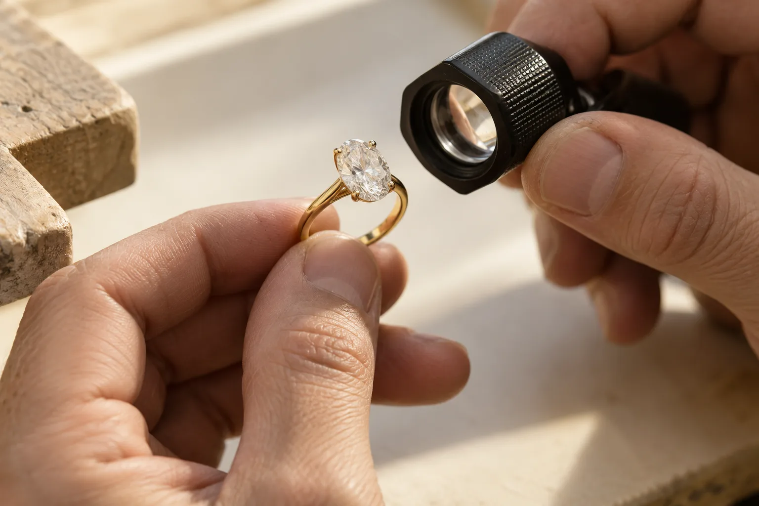 A jeweler inspecting an oval diamond ring through a loupe