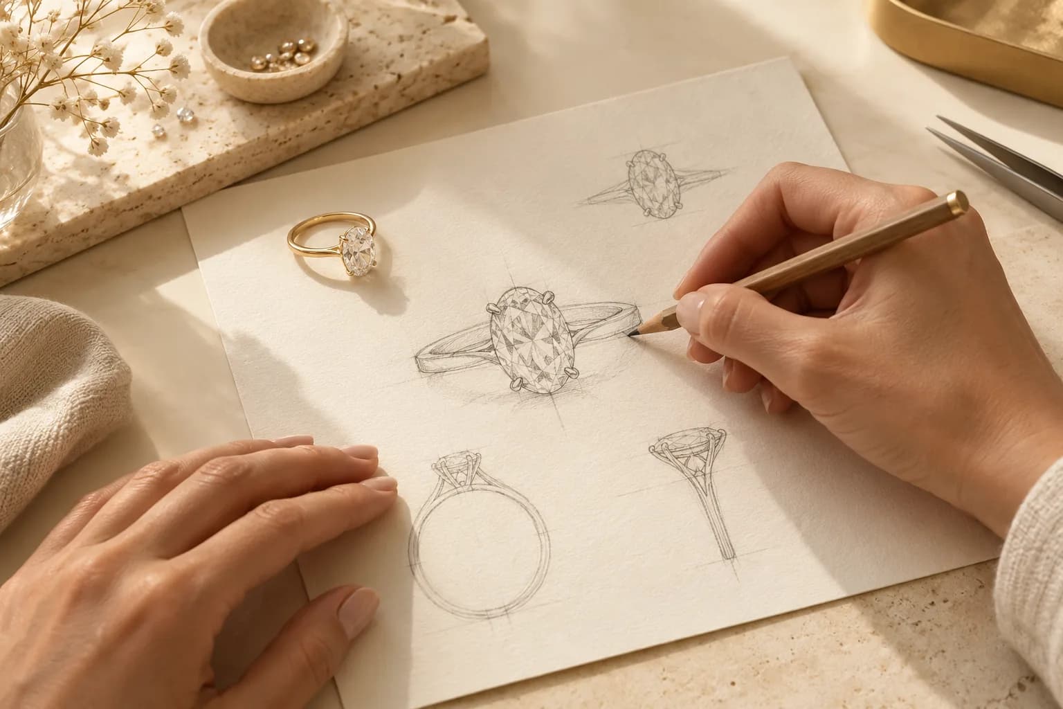 Hands sketching engagement ring designs beside a gold ring