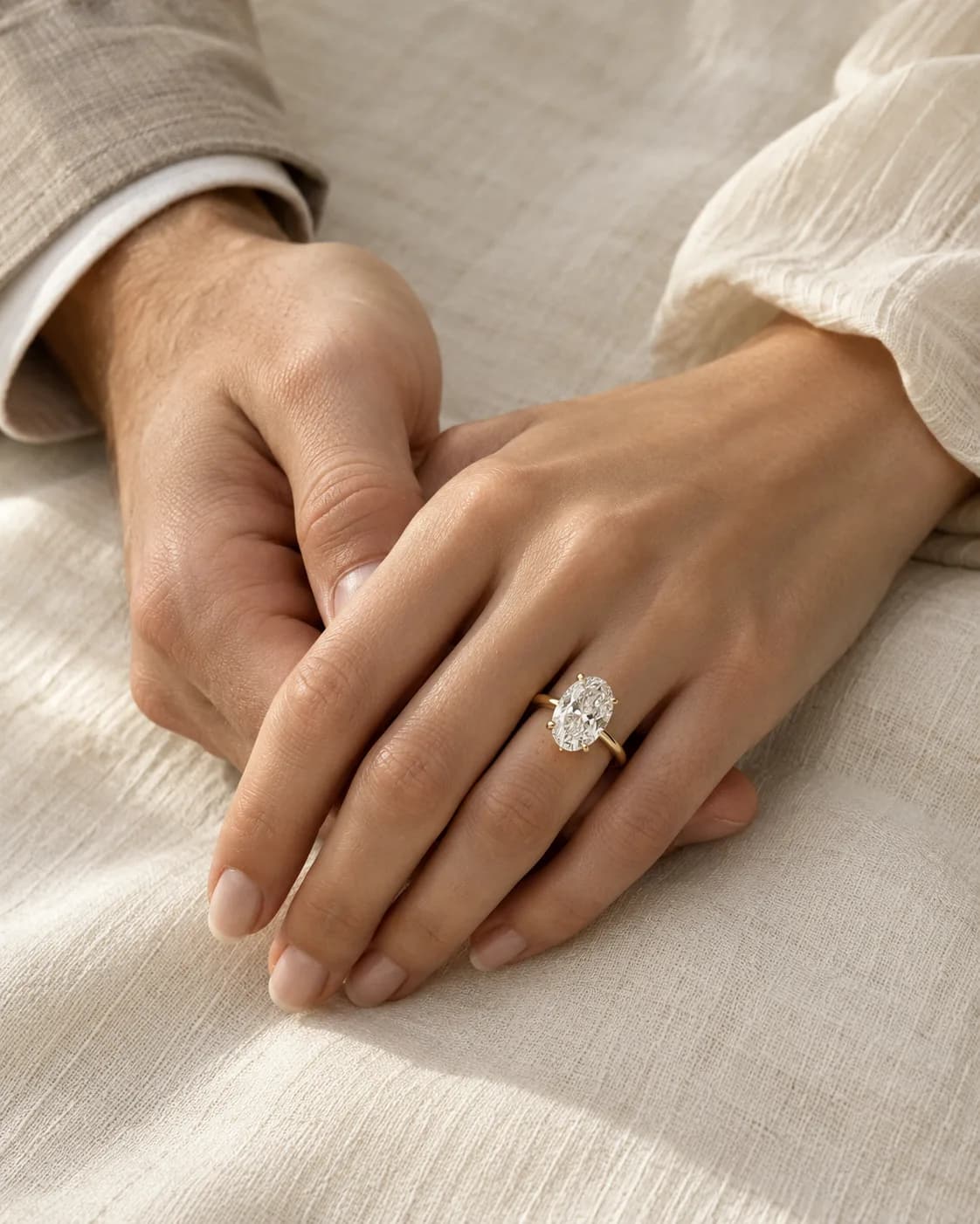 A couple's hands, one wearing an oval diamond engagement ring
