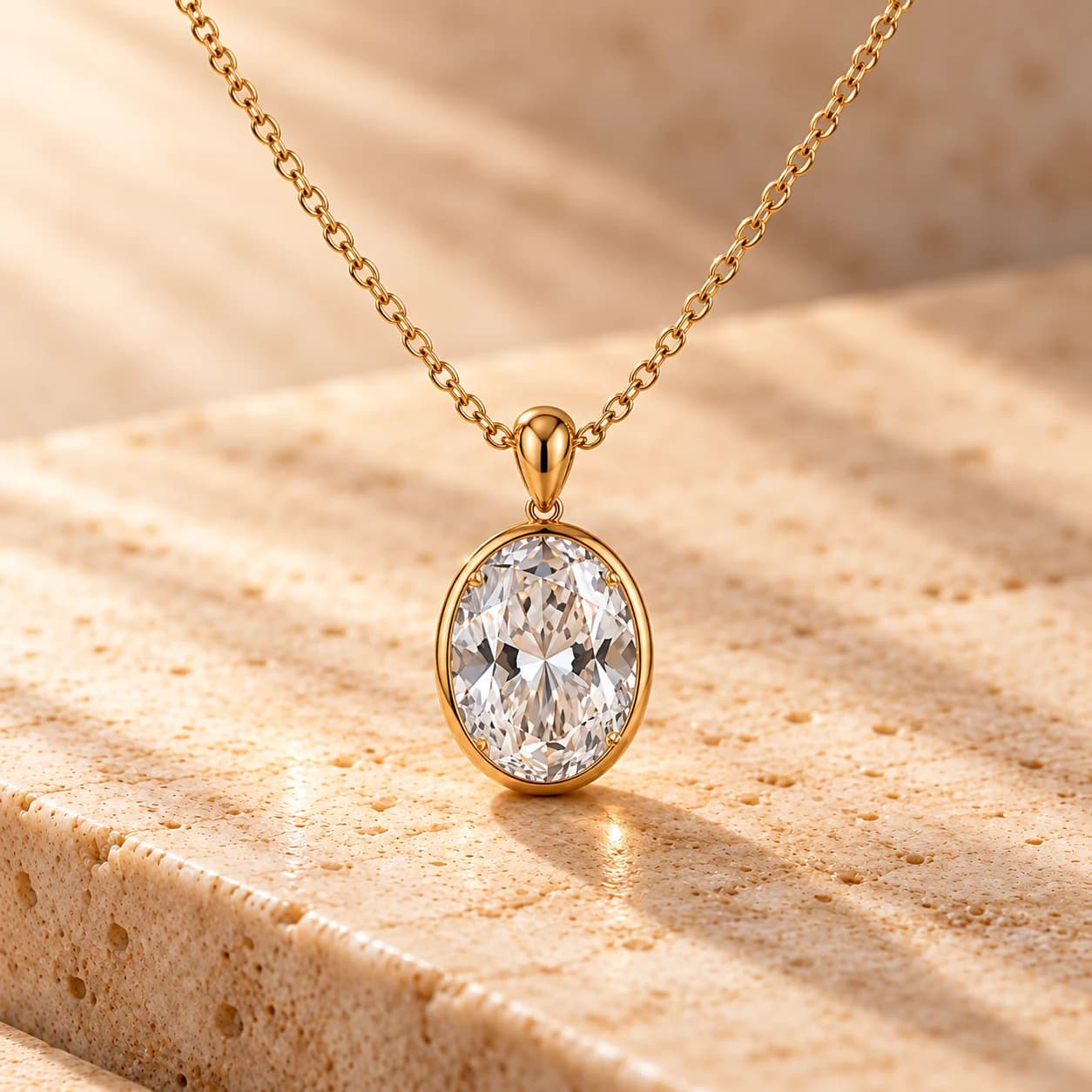 Oval diamond bezel pendant on a yellow gold chain
