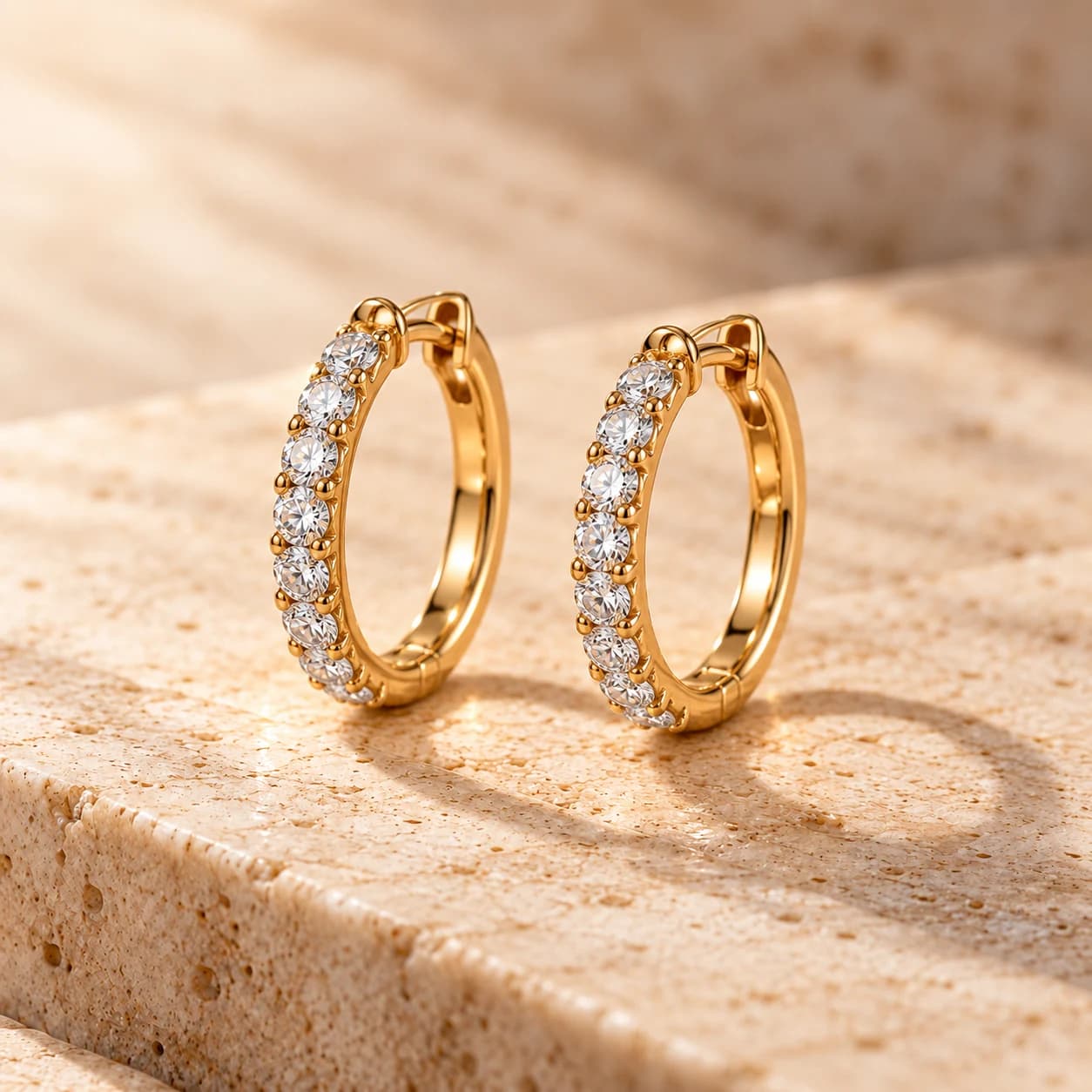 Pair of diamond huggie hoop earrings in yellow gold