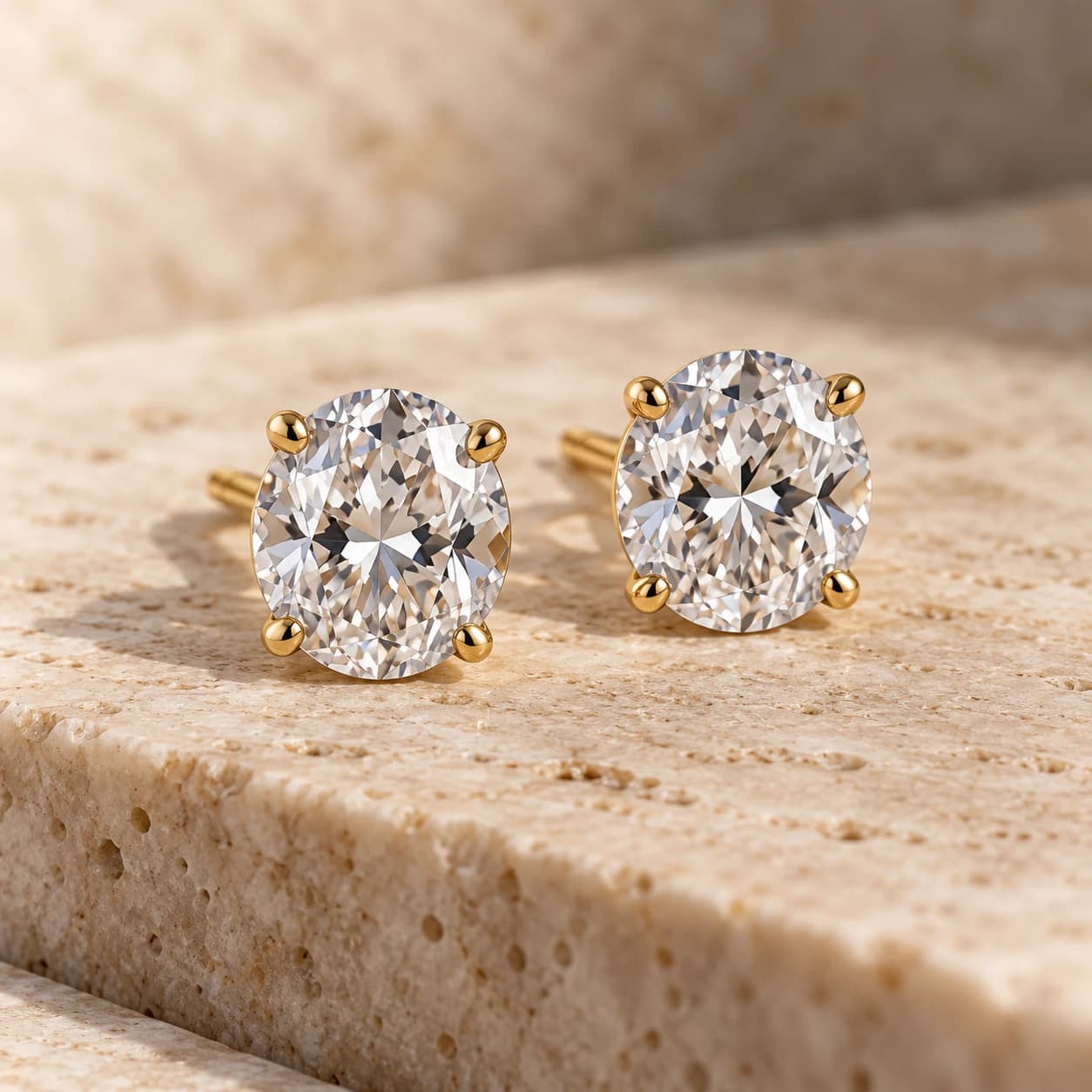 Pair of oval diamond stud earrings in yellow gold