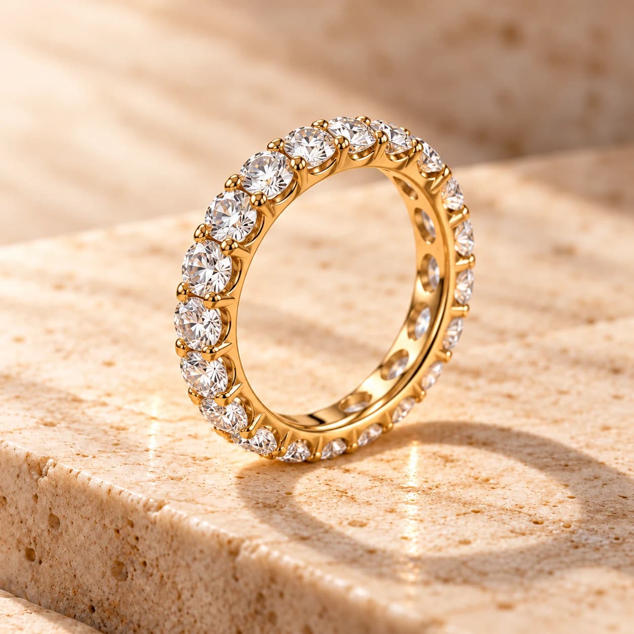 Round diamond eternity band in yellow gold