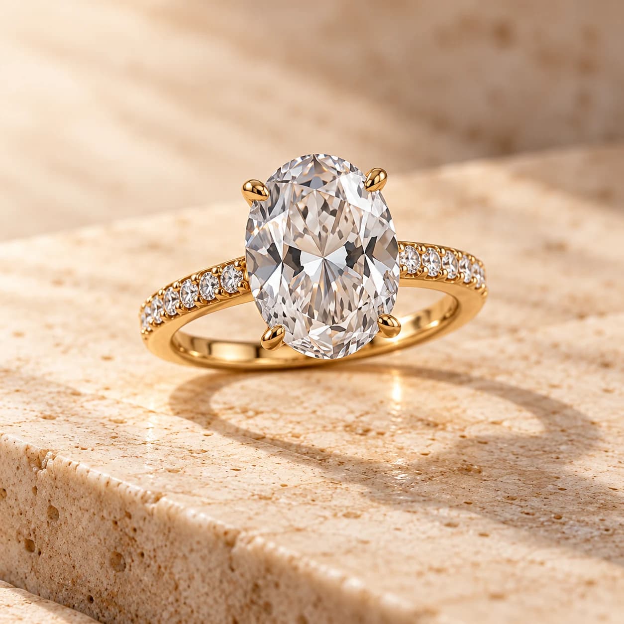 Oval diamond pavé engagement ring in yellow gold on travertine