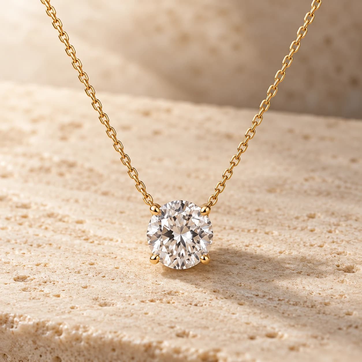 Round diamond solitaire pendant on a fine yellow gold chain