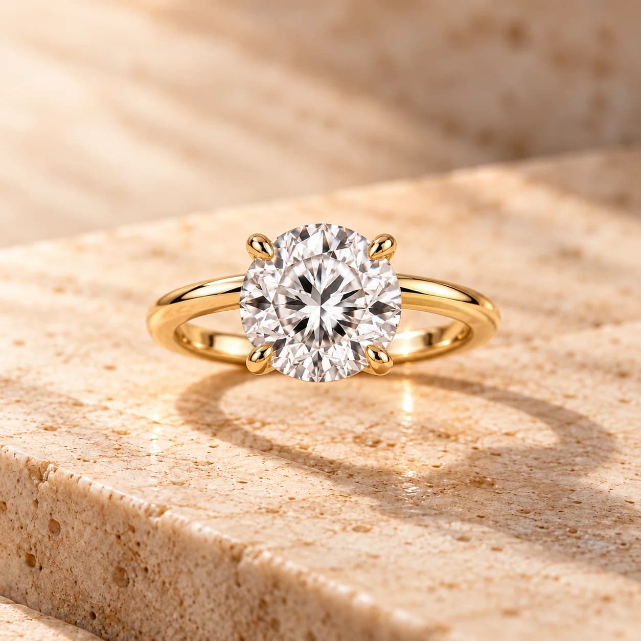 Round diamond solitaire engagement ring in yellow gold on travertine
