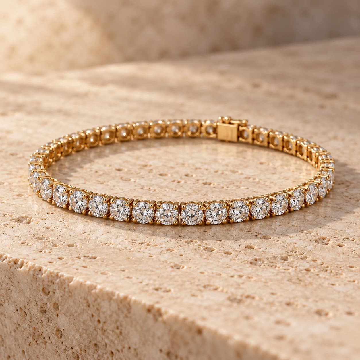 Diamond tennis bracelet in yellow gold on travertine