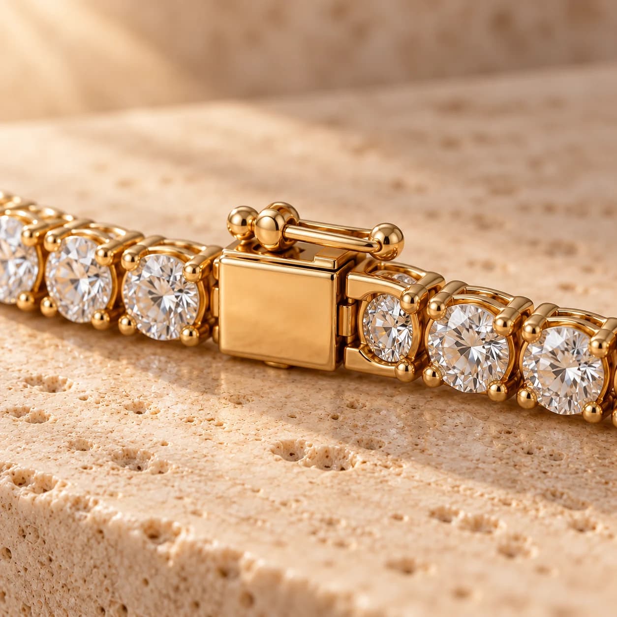 Close detail of the box clasp on a diamond tennis bracelet