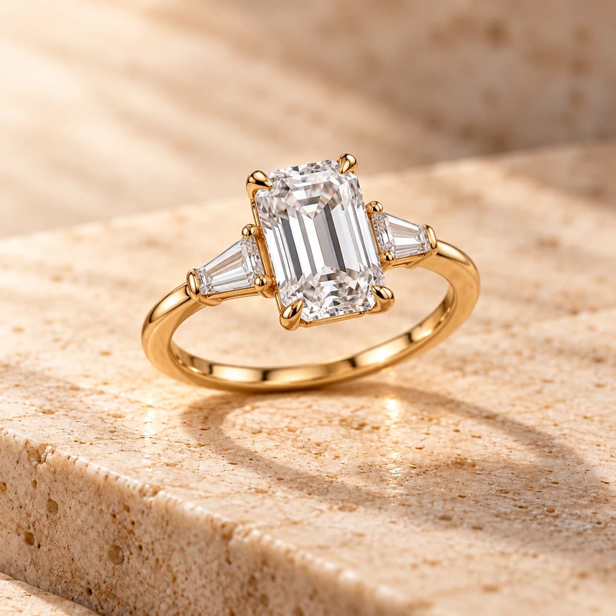 Emerald-cut three-stone diamond ring with tapered baguettes in yellow gold