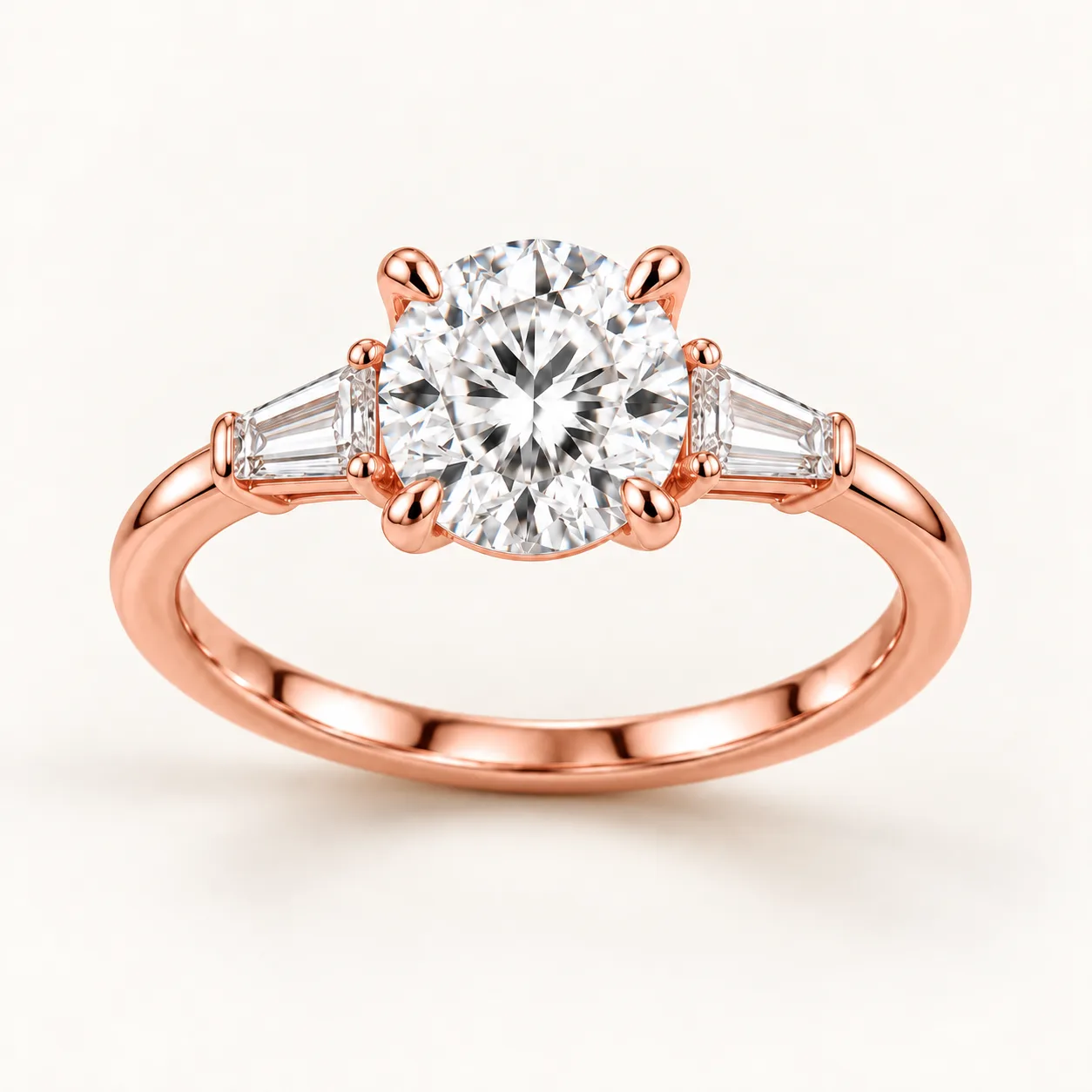 Round diamond three-stone ring with tapered baguettes in rose gold