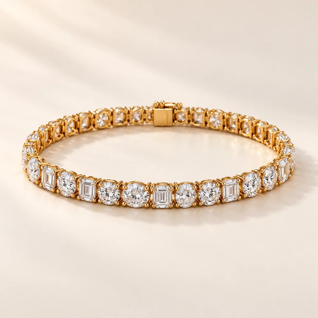 Mixed-shape diamond tennis bracelet with emerald and round cuts in yellow gold